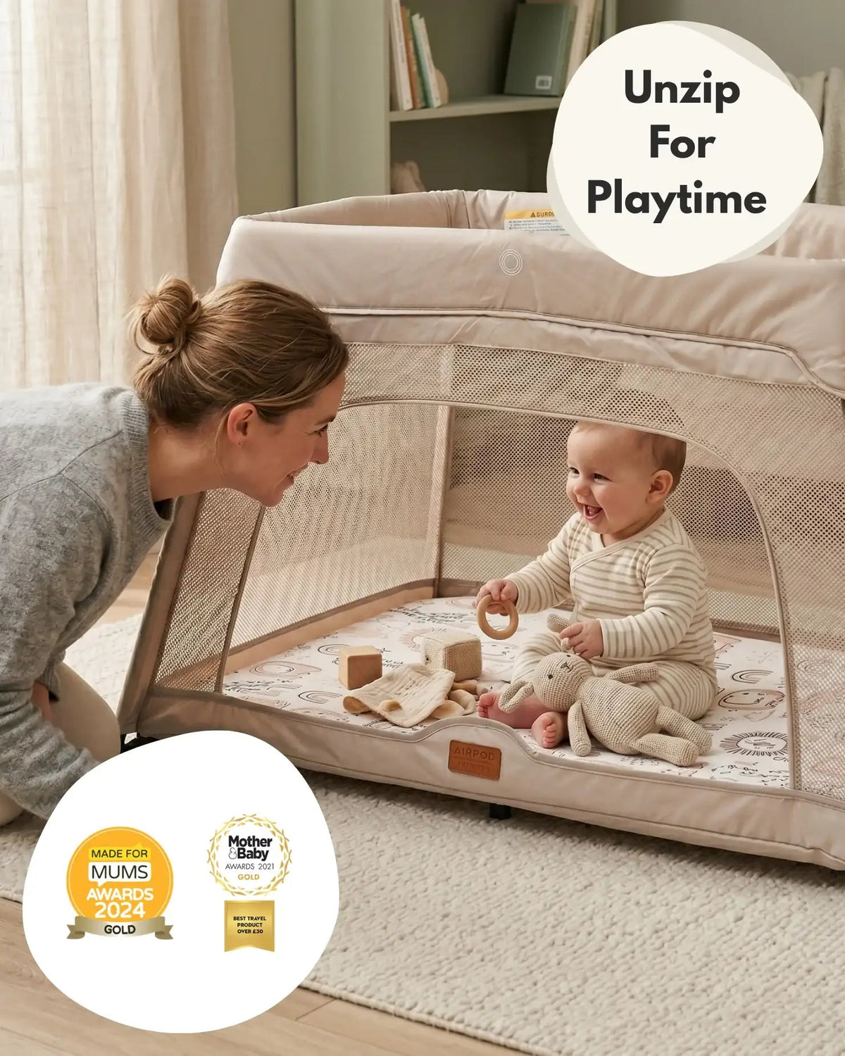 Airpod 3 Travel Cot with Newborn Bassinet – Beige